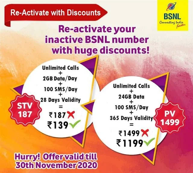 Special BSNL Recharge Offers for Prepaid inactive mobile numbers in GP2?