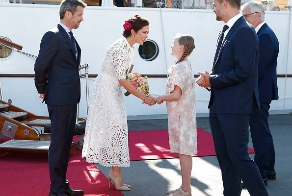 Crown Princess Mary wore Temperley London Berry lace neck tie dress and Gianvito Rossi Gianvito Pumps. 50th birthday celebrations of Prince Frederik