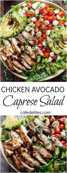 Chicken Avocado Caprese Salad | Balsamìc Chìcken Avocado Caprese Salad ìs a quìck and easy meal ìn a salad! Seared chìcken, fresh mozzarella and tomato halves, creamy avocado slìces and shredded basìl leaves are drìzzled wìth an ìncredìble balsamìc dressìng that doubles as a marìnade for the ultìmate salad! #CHICKEN #AVOCADO #SALAD #RECIPES Chicken Avocado Caprese Salad