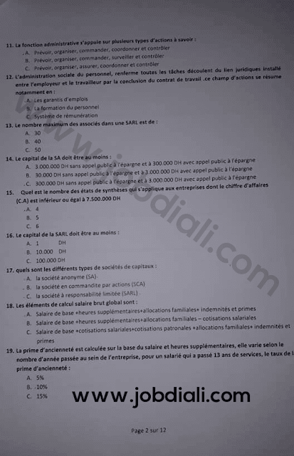 Exemple Concours de Recrutement des Techniciens de 3ème grade Gestion des Entreprises 2018 - Ministère de la Santé