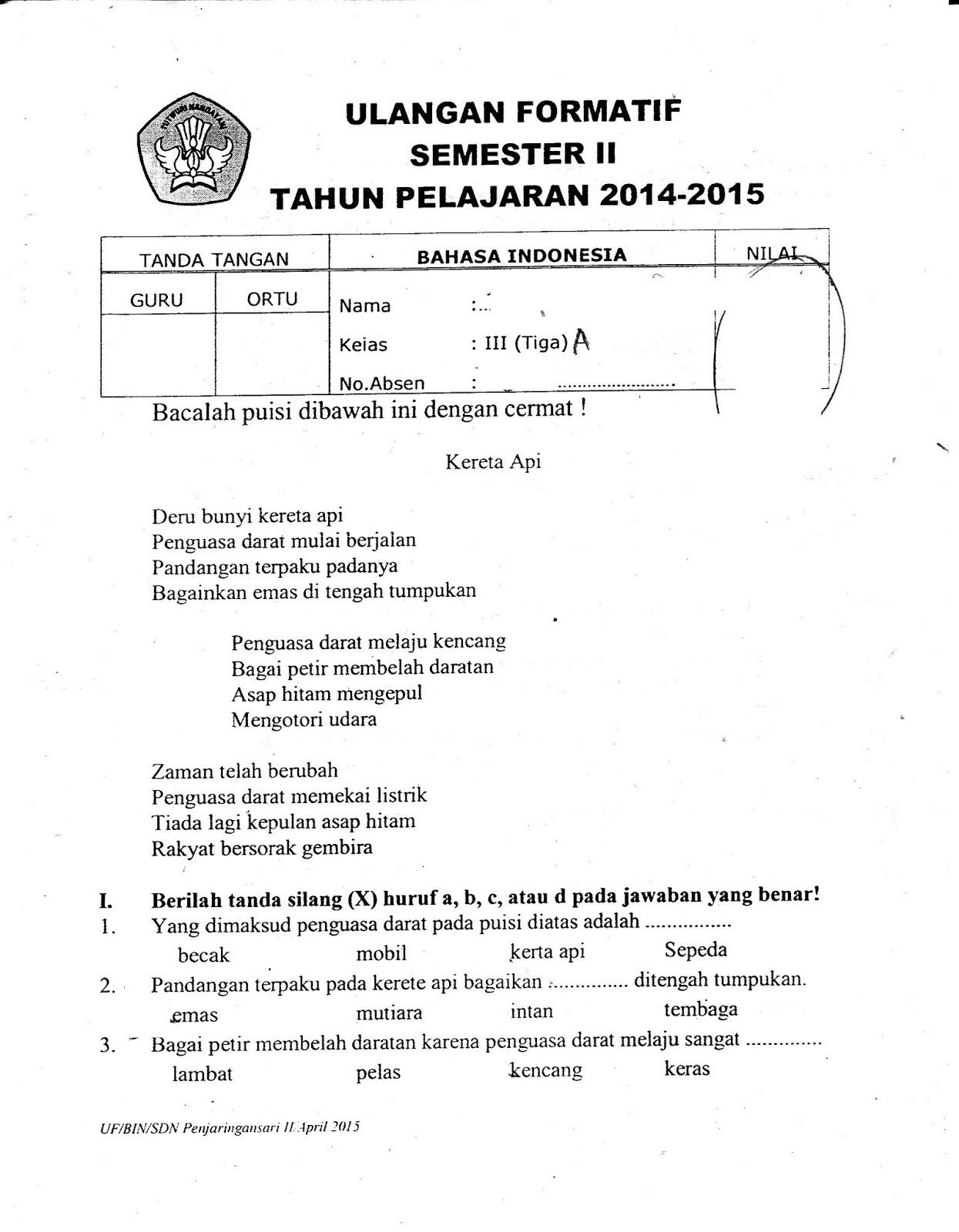 Formatif BahasaIndonesia Kelas3 SD TA 2014 2015 Semester GENAP