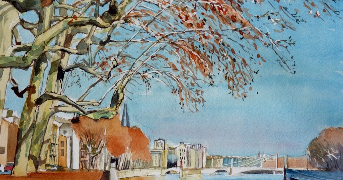 Aquarelles Yves Pothier Soleil d'hiver sur les platanes des quais de
