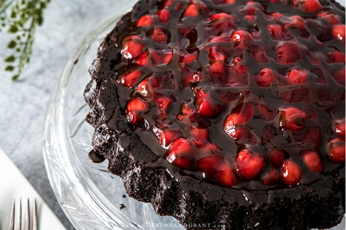 Devil's food cake topped with cherries