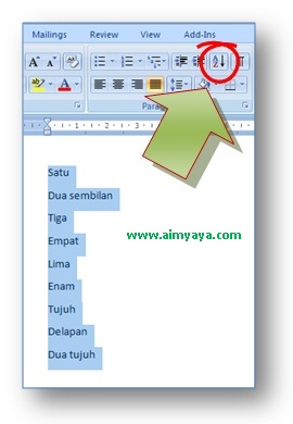 toolbar pengurutan data di Microsoft Word 2007