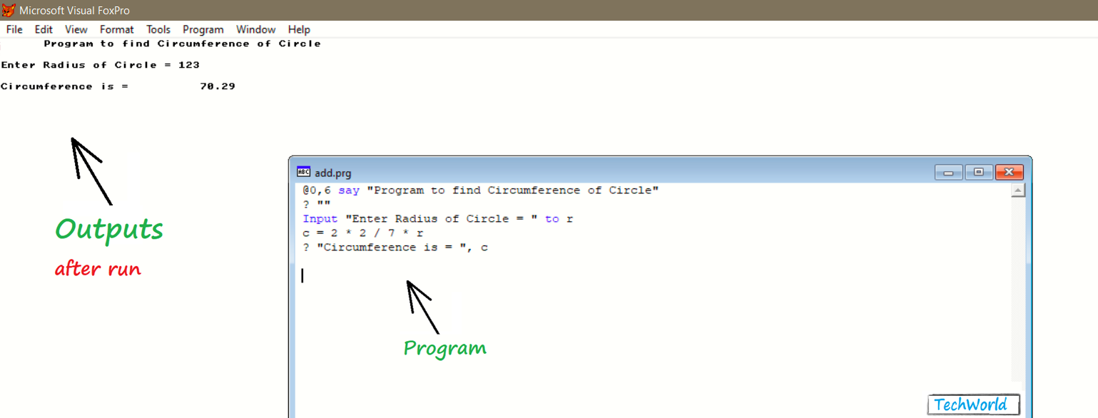 Program to find Circumference of Circle in FoxPro