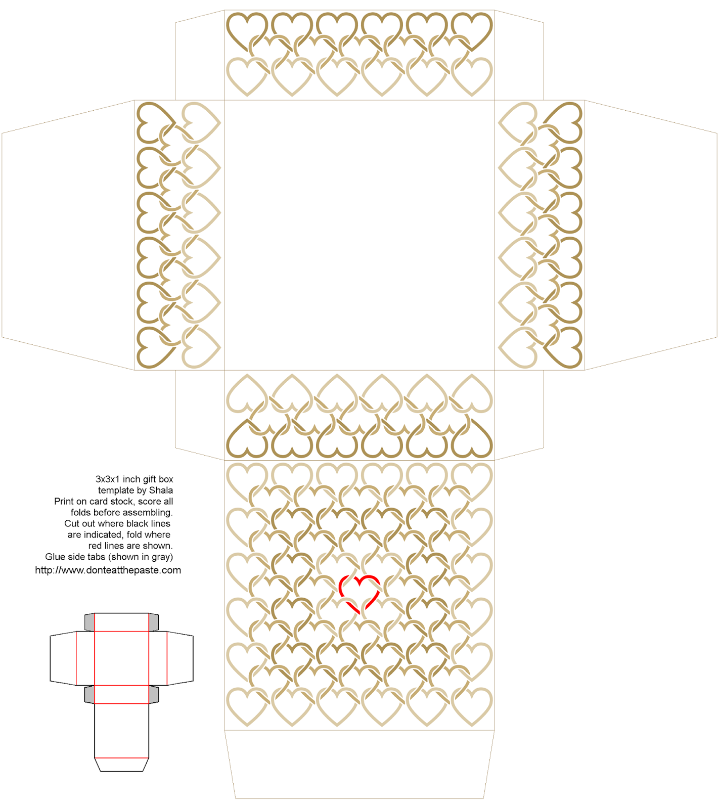 3x3x1 inch printable linked hearts box in tan and red- also available in a different size and in blue and orange
