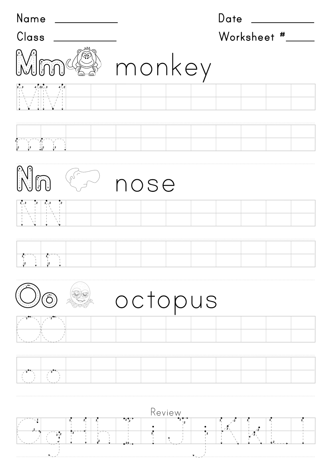 Worksheet for writing the letters M,N, and O. - Super English Kid