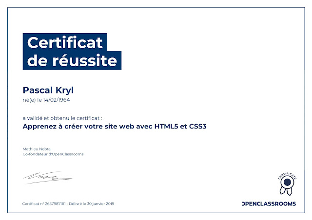 Apprenez à créer votre site web avec HTLM5 et CSS3. certificat OpenClassrooms