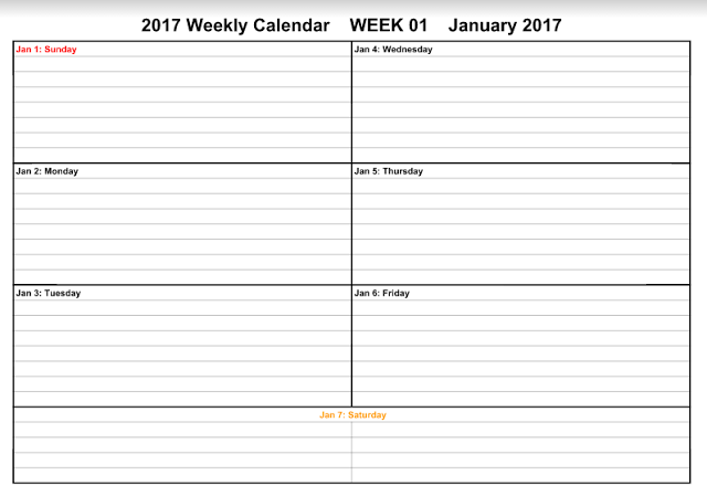 January 2017 Weekly Calendar 