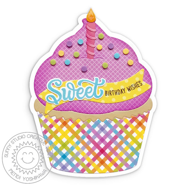 Sunny Studio: Cupcake Shaped Birthday Card (using Candy Shoppe Stamps, Cupcake Shape Dies, Gingham Pastels & Spring Sunburst Paper)