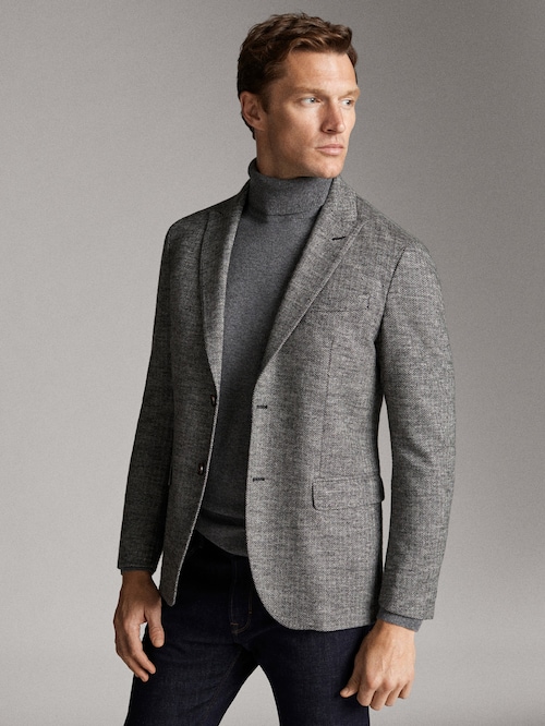 Pantolon Ceket Kombinleri Balıksırtı Desenli Gri Blazer Kombini