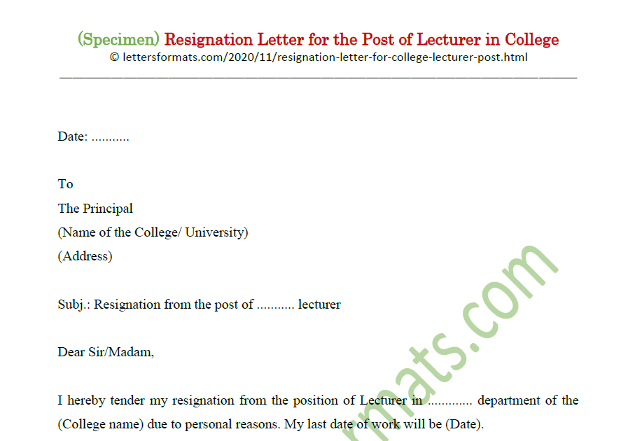 Resignation Letter For Lecturer Post In College Sample