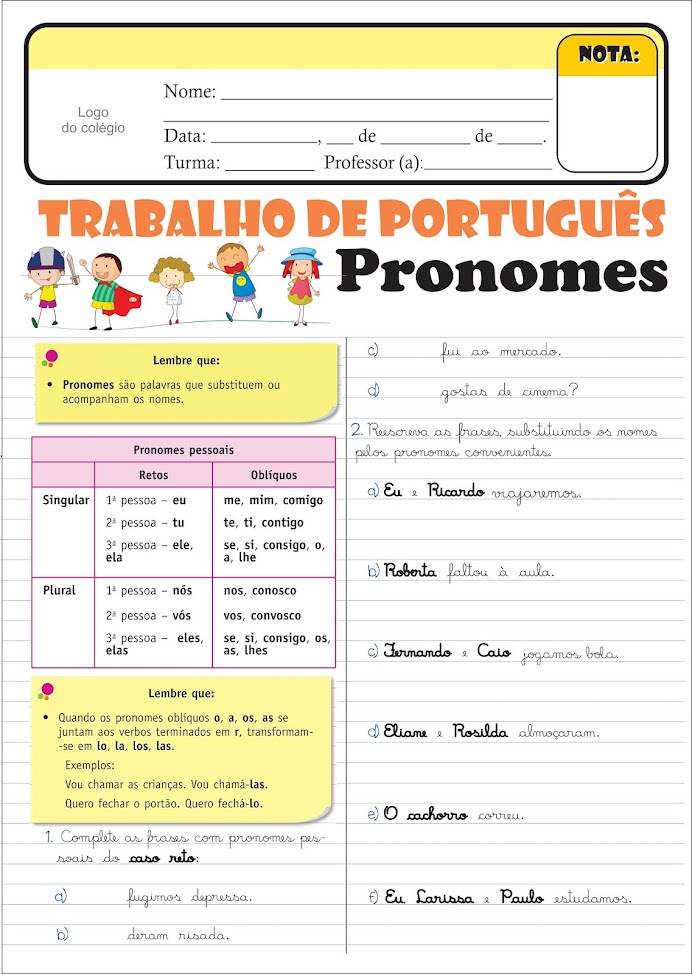 Ficha De Trabalho Pronome Classe Gramatical Images And Photos Finder
