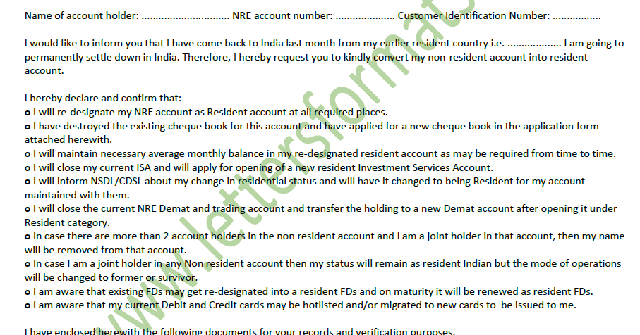 Letter To Bank For Conversion Of Nre Account To Resident Account