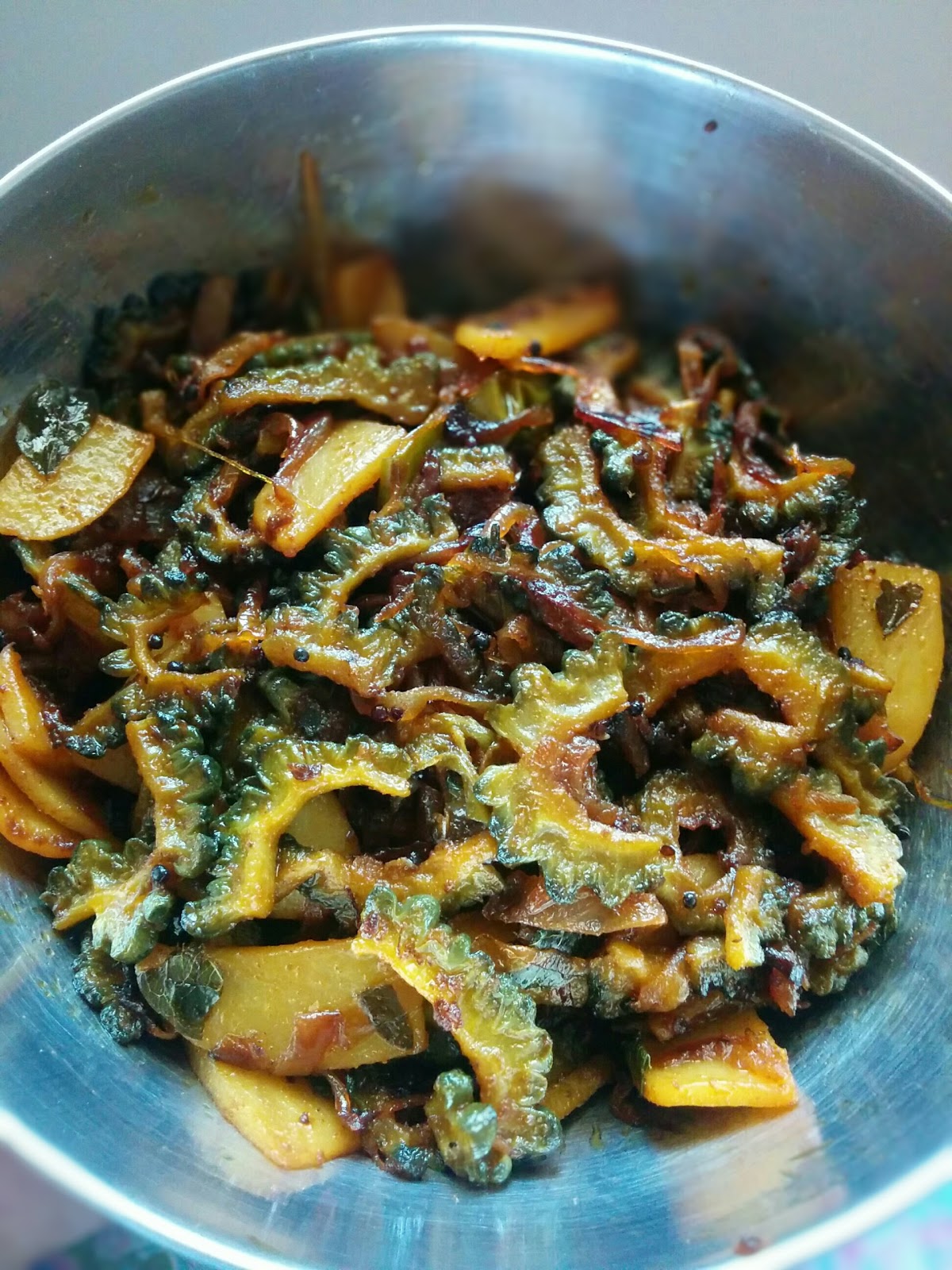 Pan and Tawa Bitter Gourd and Potato Fry / Karela and Aloo Fry