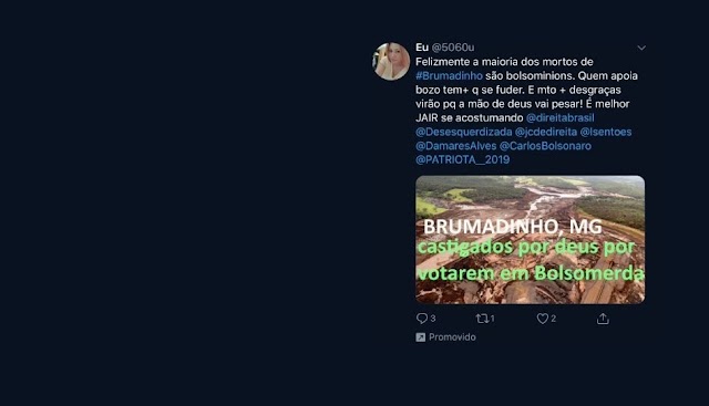 Fake é patrocinado no Twitter para dizer que esquerda comemora mortes de Brumadinho
