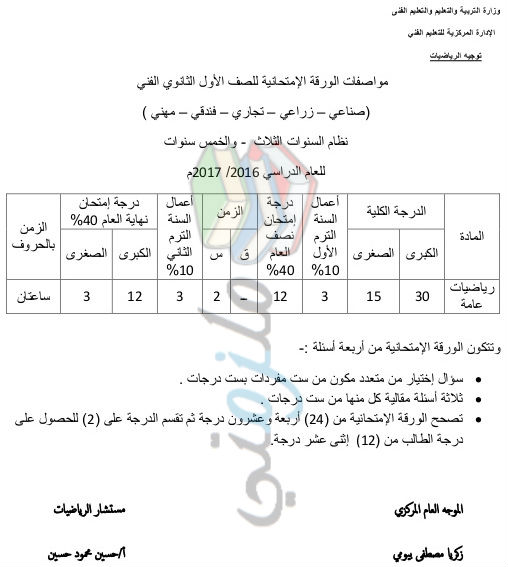 مواصفات امتحان الرياضيات للتعليم الفني كل الفرق 2017