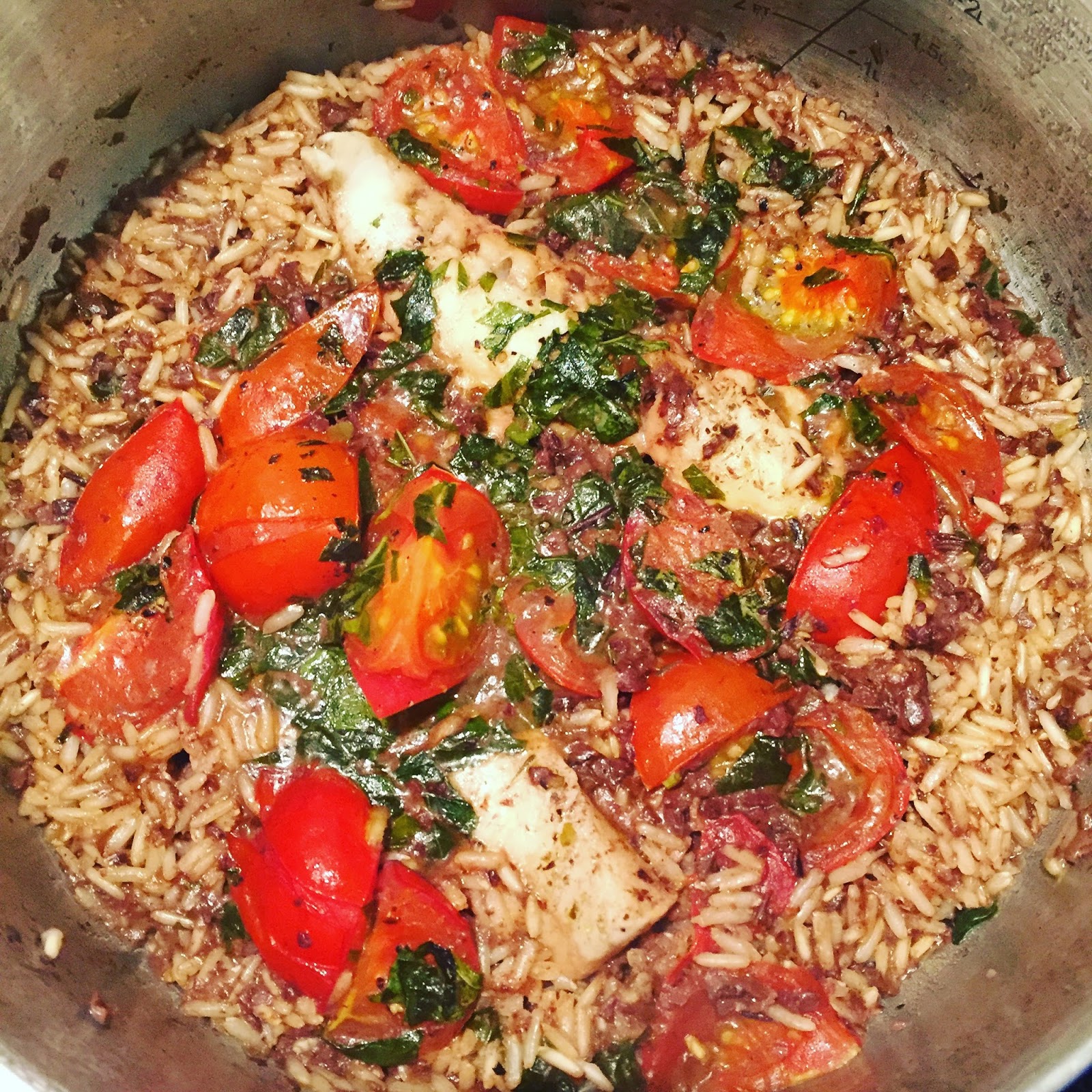 Steamed White Fish with Rice, Black Olive Tapenade, Basil and Tomatoes