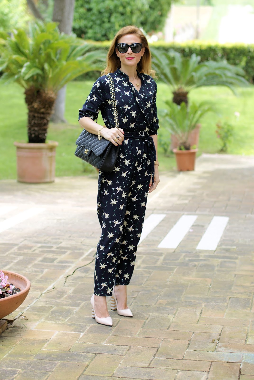 Floral jumpsuit, Chanel 2.55 and Pollini shoes on Fashion and Cookies fashion blog, fashion blogger style