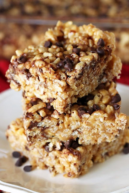 Stack of Peanut Butter Chocolate Chip Rice Krispies Treats Image