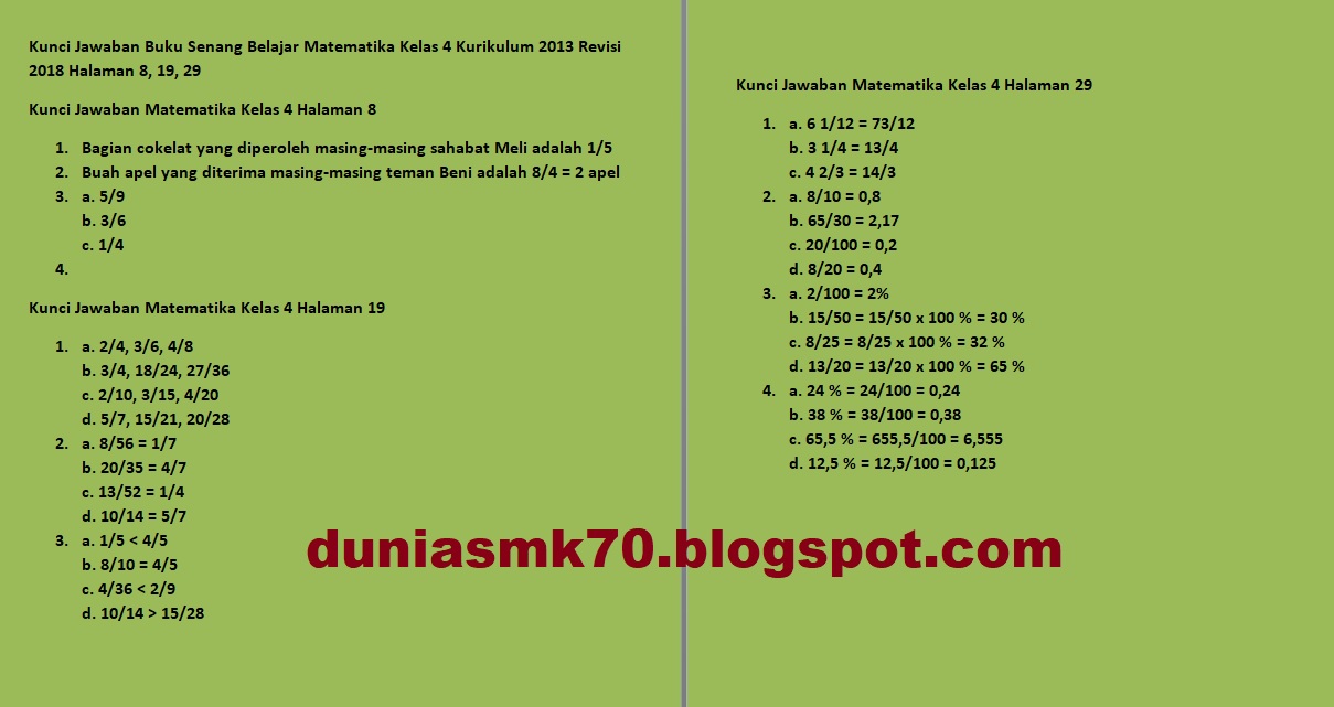 Kunci Jawaban Buku Senang Belajar Matematika Kelas 4 Kurikulum 2013 Revisi 2018 Halaman 8 19 29 39 40 42 43 45 46 Dunia Smk