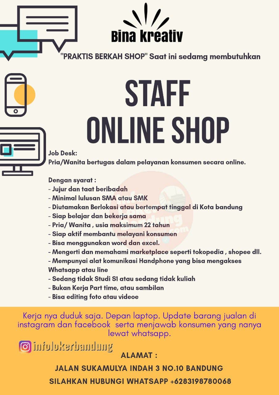 Lowongan Kerja Staff Online Shop Bina Kreativ Bandung Januari 2021