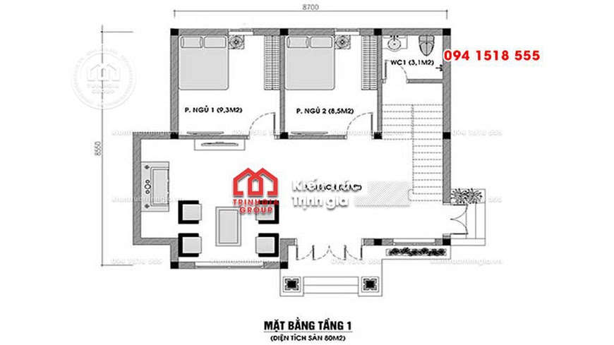 Bản vẽ mẫu nhà cấp 4 có gác lửng thiết kế hiện đại mái thái - Mã số BT1011 - Ảnh 1