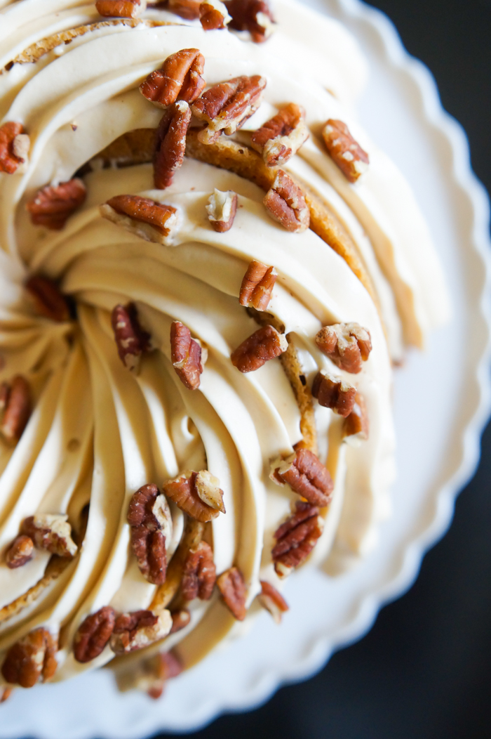 carrot bundt cake with salted caramel cream cheese frosting