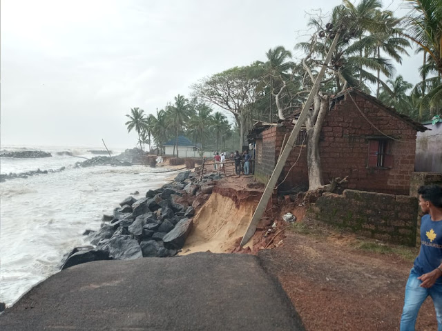 Sea erosion damaged the road at Bettampady near Ullal