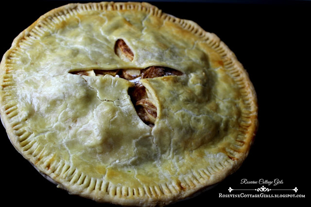 Photo of an apple pie. There is a cross cut in the upper crust and you can see slices of spiced apples peeking out of the holes and lines around the edges where a fork has sealed it closed. The crust is a perfect flakey golden brown and the background is black. The article is Thanksgiving Recipes by RosevineCottageGirls.com