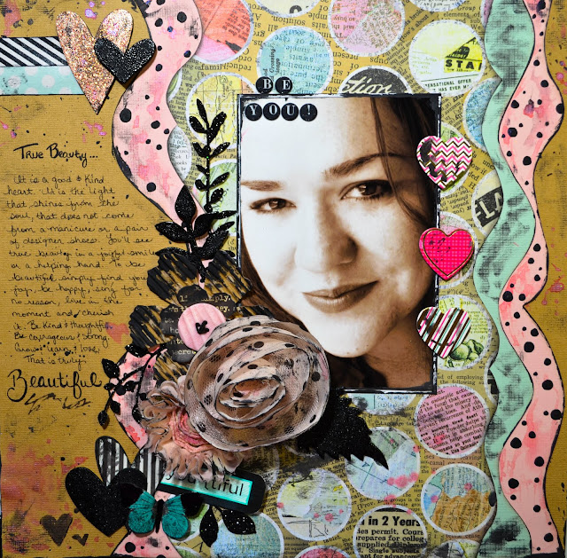 Be You{tiful}: True Beauty Mixed Media Scrapbook Page Layout by Carrie Williams - Dearzae.com Beauty mixed media scrapbooking page layout with heat embossed chipboard, washi tape, polka dots, die cuts, in contemporary grunge style