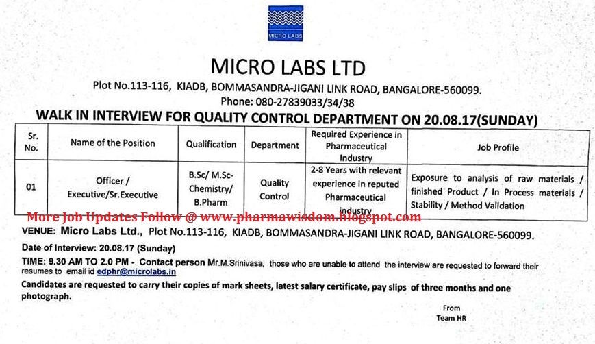 PHARMA WISDOM MICRO LABS LIMITED WalkIn Interviews on 20th August, 2017 BANGALORE