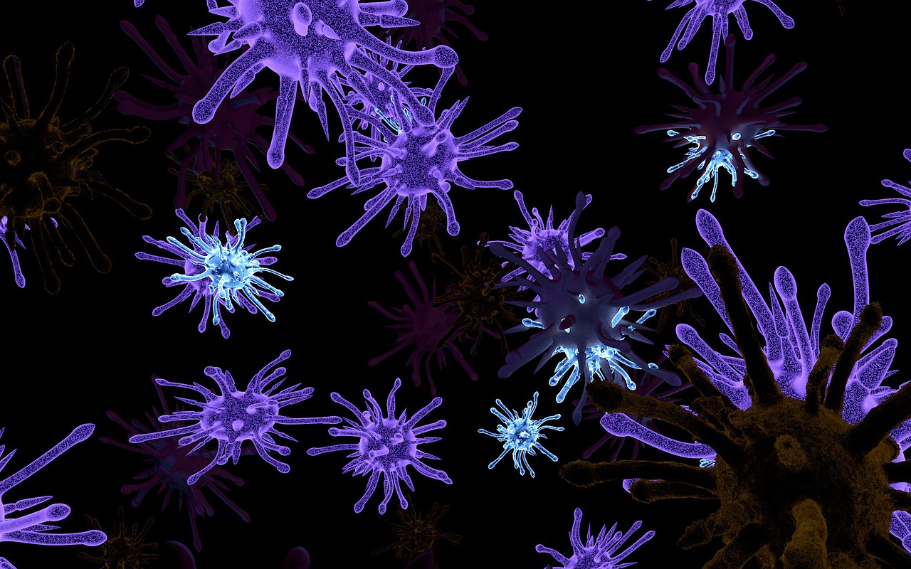 Several pictures of viruses and germs on black background for blog post about germ warfare
