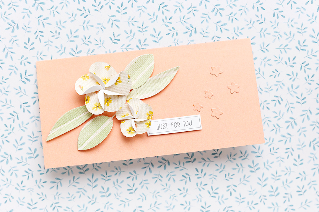 Cardmaking with Moda Scrap Card with peach paper and lovely frangipane flowers and leaves giftwrapping Moda Scrap Sandra Dietrich mojosanti