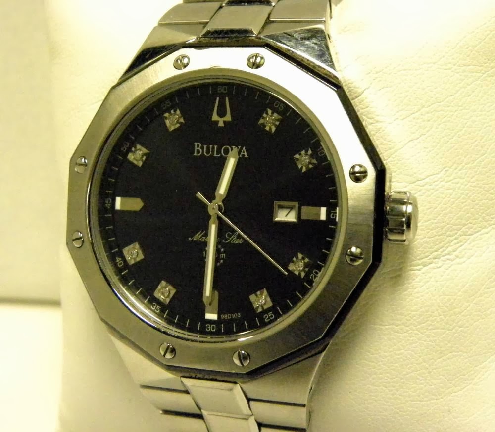 BULOVA MARINE STAR BLACK DIAL & DATE DIAMOND MARKERS 100 METER S STEEL