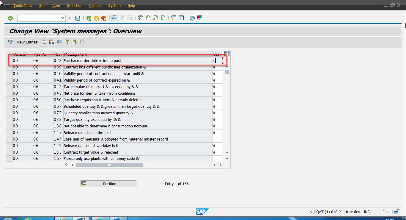 Change Purchasing Document System Message Warning to Error SAP