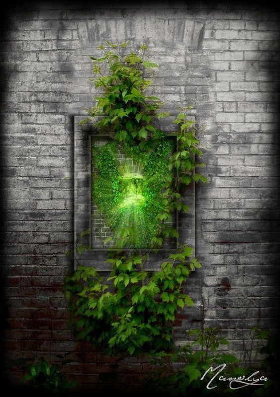 An image of a grey painted brick wall with a brick framed hole in the middle, which leaves and plants are growing through. And a view of what’s on the other side with beams of light coming out of it. Created by Manolya Fumero