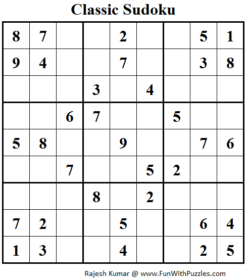 Classic Sudoku (Fun With Sudoku #91)