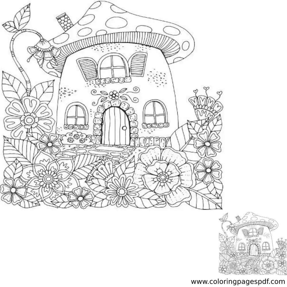 Coloring Page Of A Mushroom House With Flowers