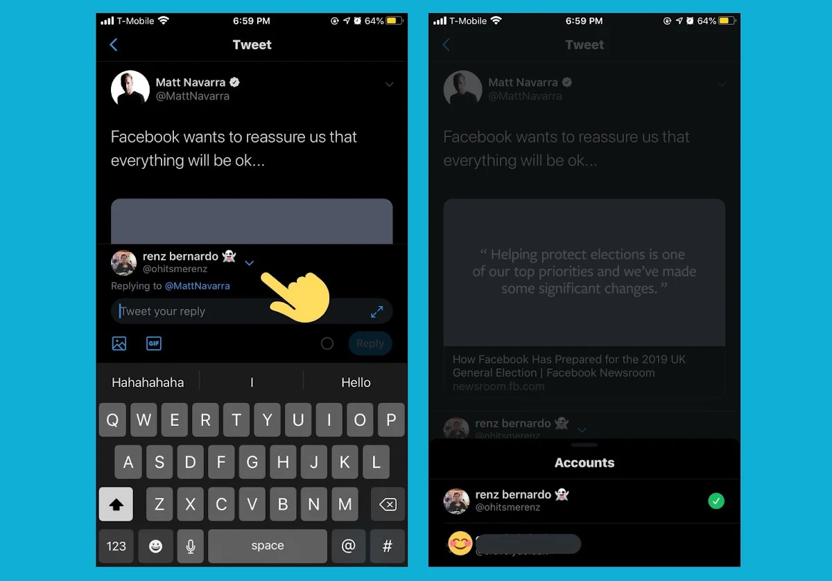 Twitter app now lets you switch accounts on a tweet to reply using a different account