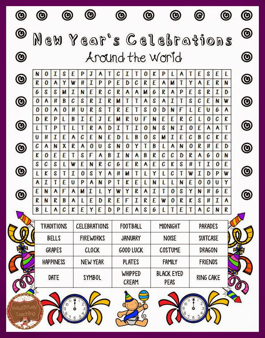 Classroom Freebies: New Year's Traditions Around the World: Word Search