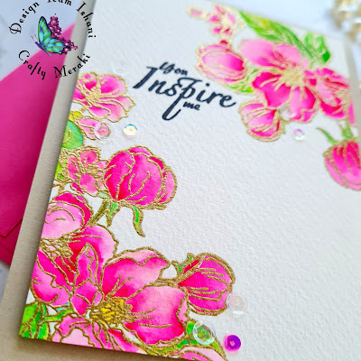 CAS floral card with cherry blossoms, pink flowers card, Crafty Meraki You inspire me, Crafty Meraki flower stamp, Watercolors with gold embossing, Quillish