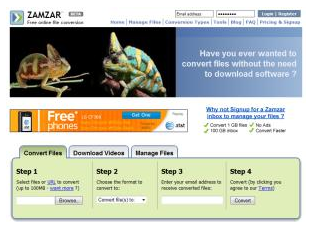 Zamzar adalah layanan converter video online lainnya yang mendukung format video yang paling umum.