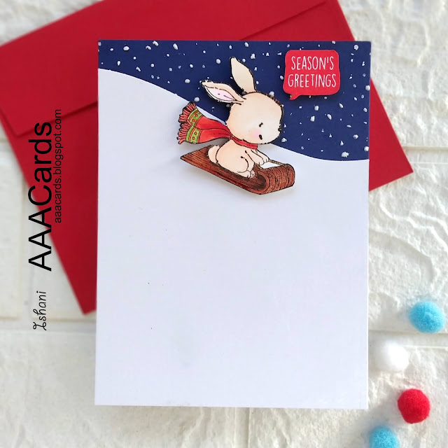 Clean and simple Christmas card, Cute Christmas card, POD Hope bunny sledding, Stacey Yacula stamps, AAA Cards, Purple Onion Designs, Copic markers, CAS card, Christmas card, Quillish, 