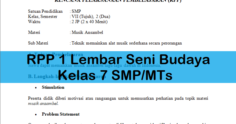 Rpp 1 Lembar Seni Budaya Kelas 7 Smp Mts Antapedia Com