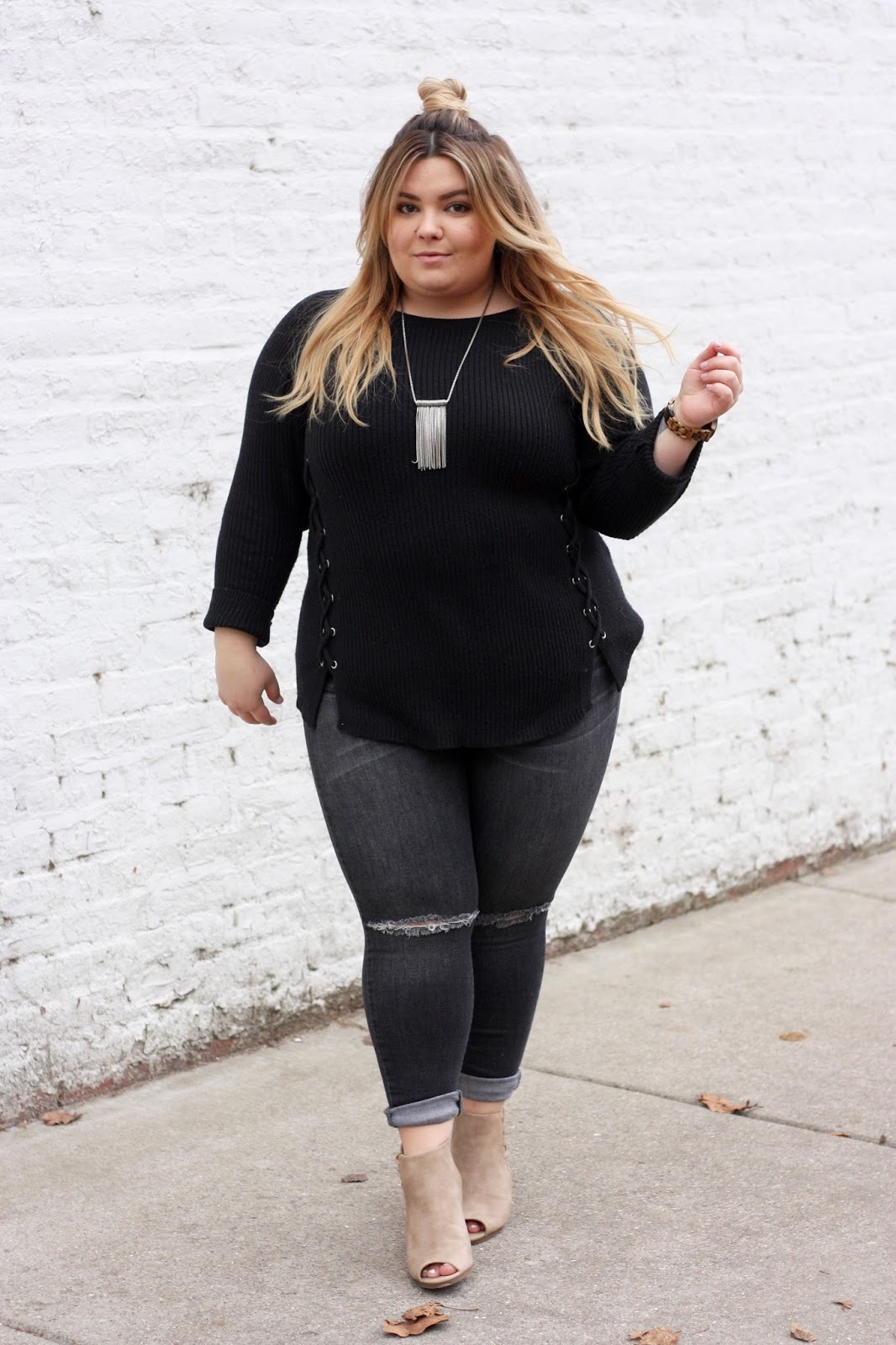 natalie craig, natalie in the city, plus size fashion, cute comfortable plus size outfit clothing, lace up sweaters, target mossimo denim, chicago blogger, midwest blogger, top knot, fatshion, eff your body standards,