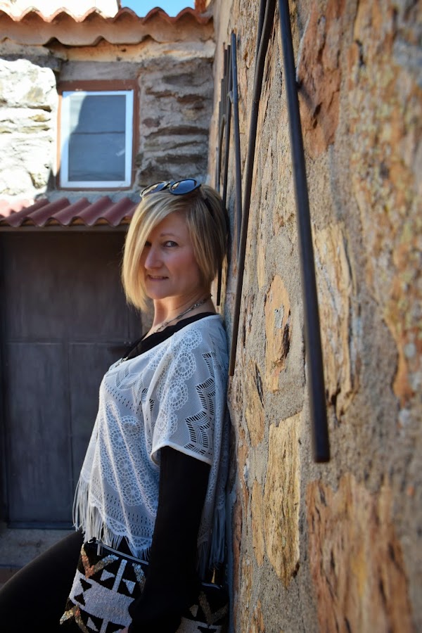 fringed crop top oversize flared pants black and white seventies