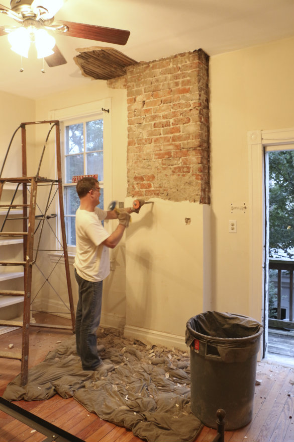 Before After Exposing A Brick Chimney Under Plaster Walls 17 Apart We Absolutely Love How It Turned Out And Feel Like The Brick Chimney Is Now Real Star Of This Room You Can Check Entire Step By Process