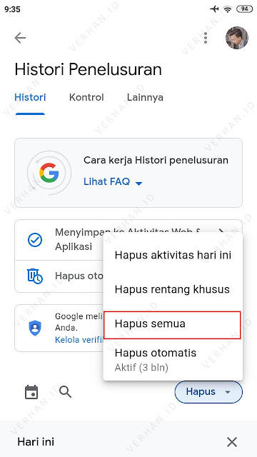 hapus semua pencarian google