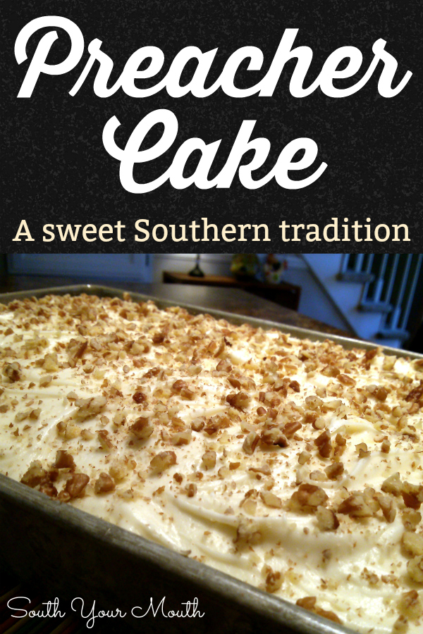 Tender, moist cake recipe with crushed pineapple, pecans and coconut with a cream cheese frosting. An old Southern tradition to make this cake when the preacher comes by for a visit!